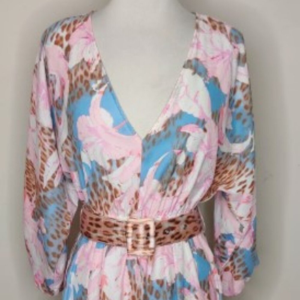 Venus Floral + Cheetah Print Belted Dress Size 22 Fit Flare Mini Pink